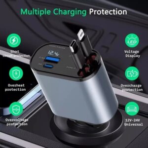 USB polnilec za avto 120W z uvlečljivim kablom