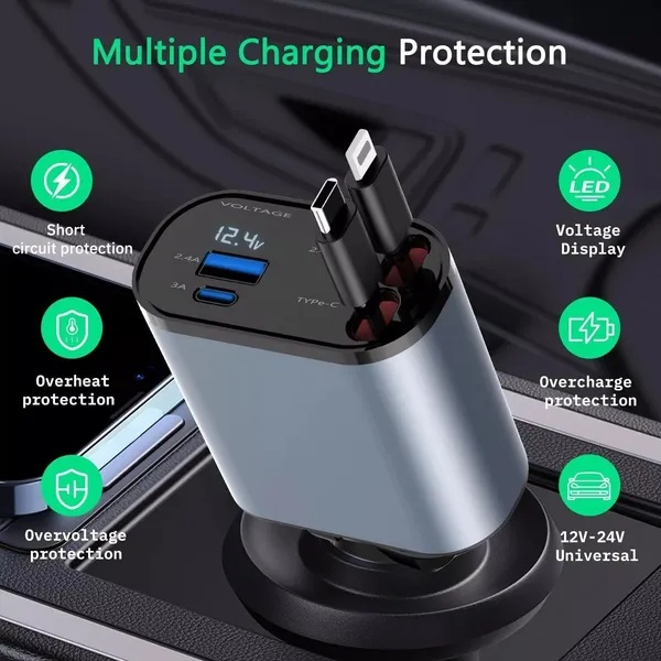 USB polnilec za avto 120W z uvlečljivim kablom - slika 2