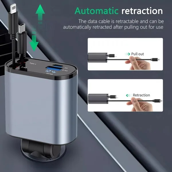 USB polnilec za avto 120W z uvlečljivim kablom - slika 3